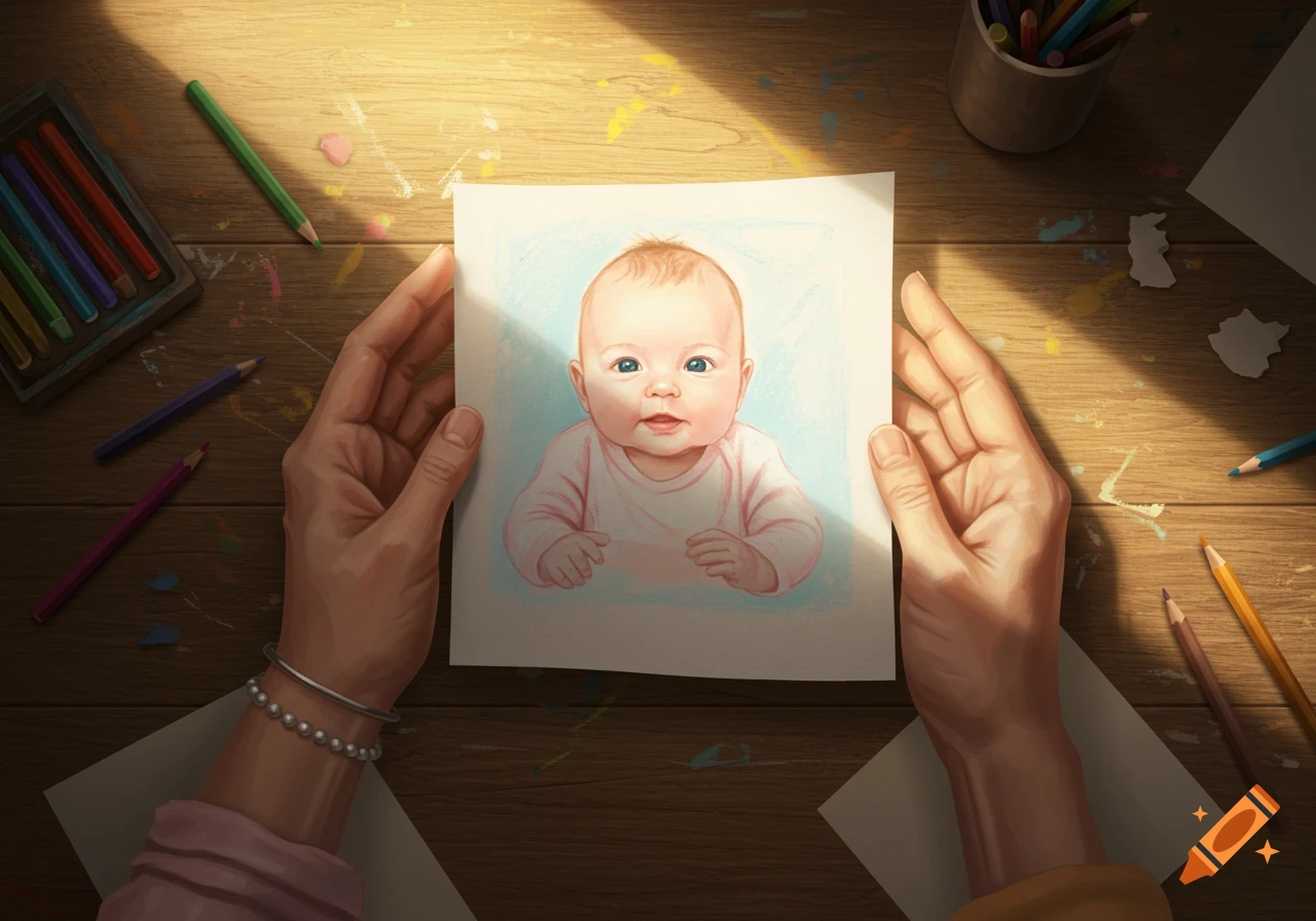 Two hands hold up a drawing of a smiling baby, surrounded by colored pencils and art supplies on a wooden desk with sunlight.