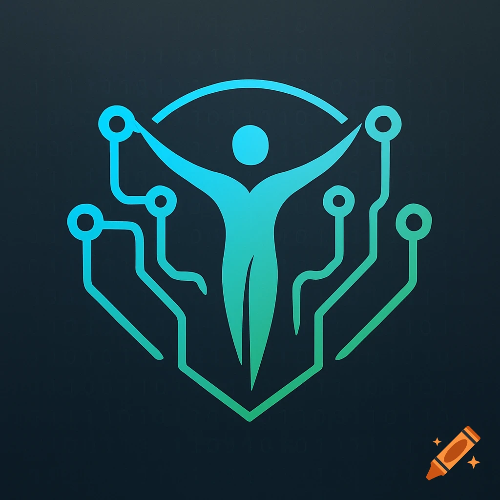 A stylized human figure merged with circuit board elements, transitioning from blue to green, set against a dark background with subtle binary code.