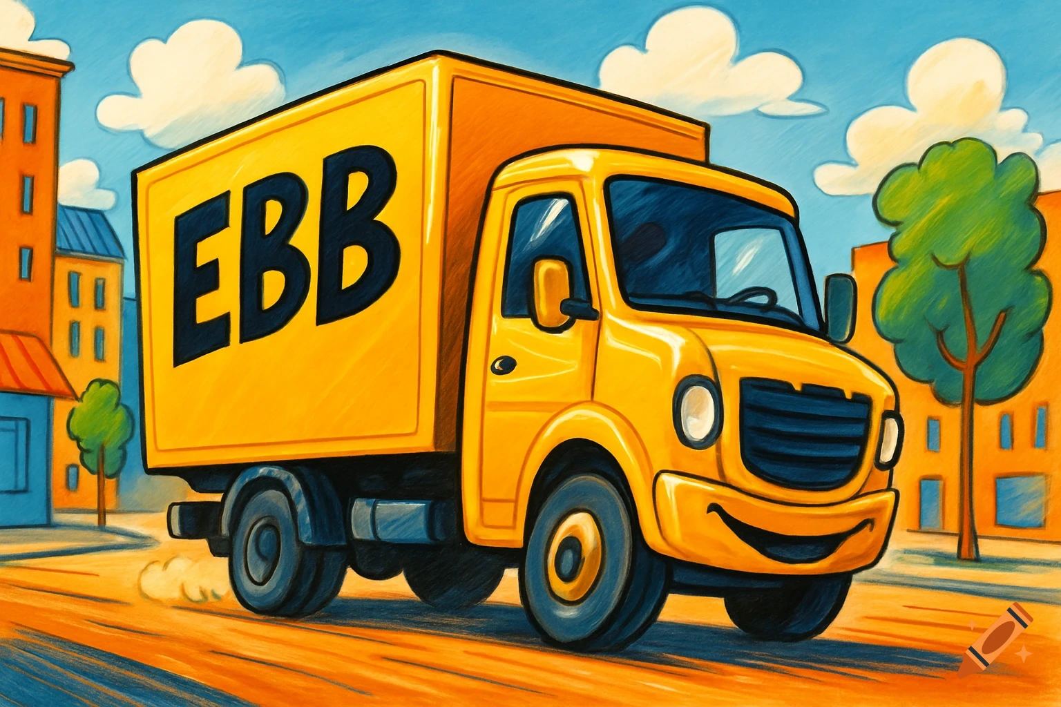 A vibrant cartoon yellow lorry with 'EBB' on its side drives through a stylized cityscape under a blue sky.