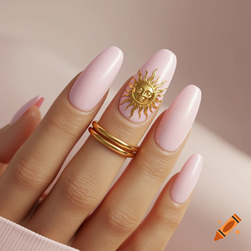 Close-up of a hand with long pink milky nails, one featuring a golden sun design, and a gold ring on the finger.