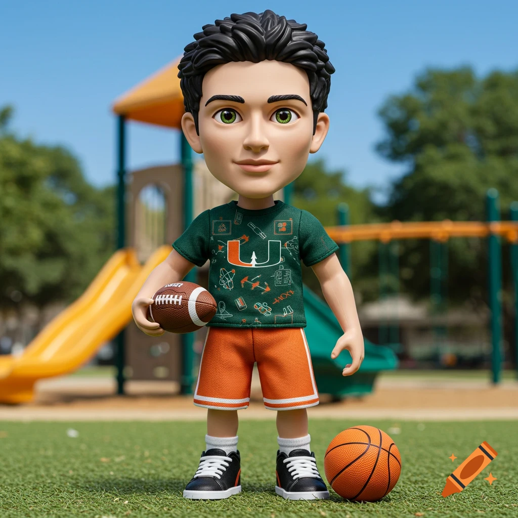 An action figure of a boy with black hair and hazel eyes, wearing a green Hurricanes shirt and orange shorts, holding a football in a playground with a basketball nearby.