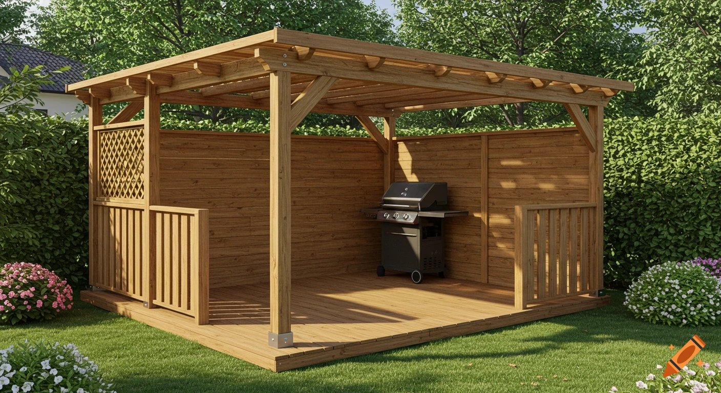 Photorealistic image of a wooden grill cover structure with a deck and a barbecue grill in a green backyard.