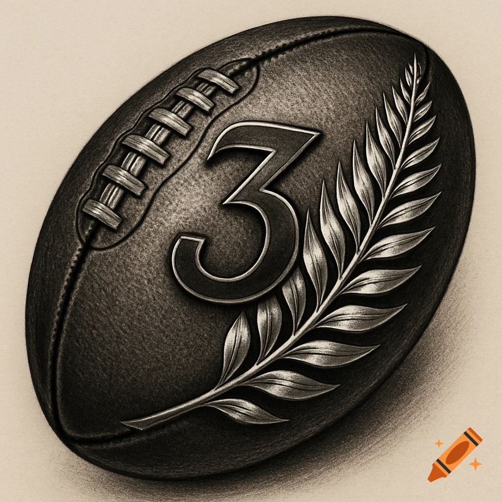 Monochromatic drawing of a textured rugby ball with a silver number 3 and a silver fern branch.