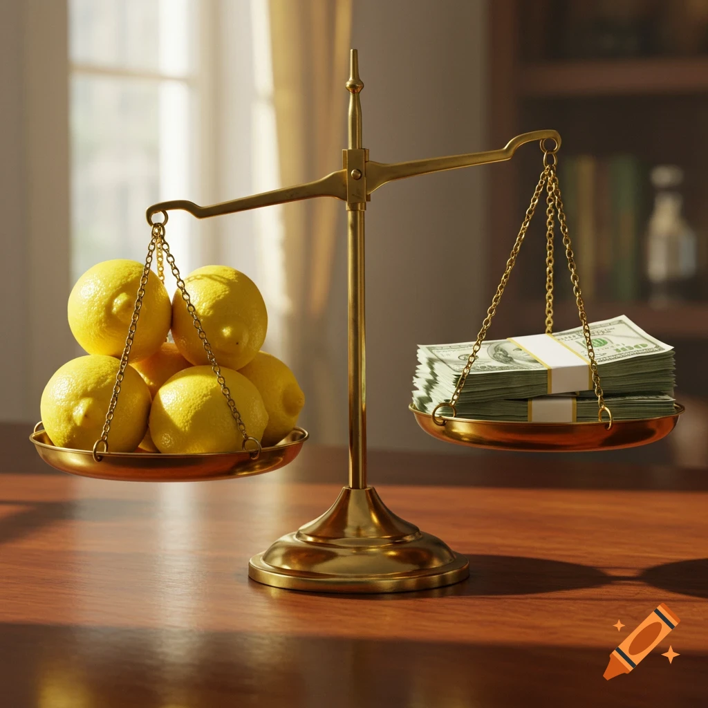 Photorealistic image of a brass balance scale with lemons on one pan and stacks of money on the other, on a wooden table.