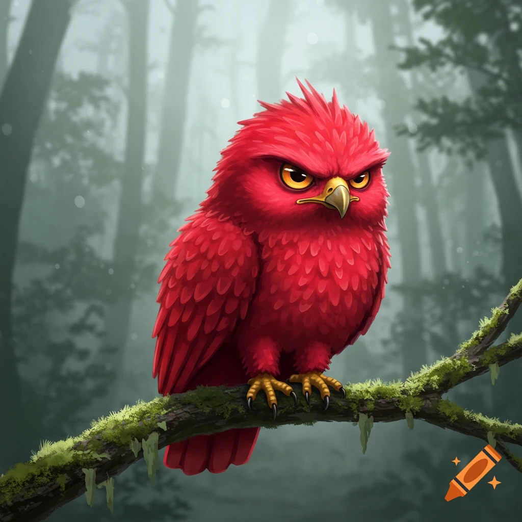 A cute red eagle with a frown on its face perched on a mossy branch in a misty forest, digital art.