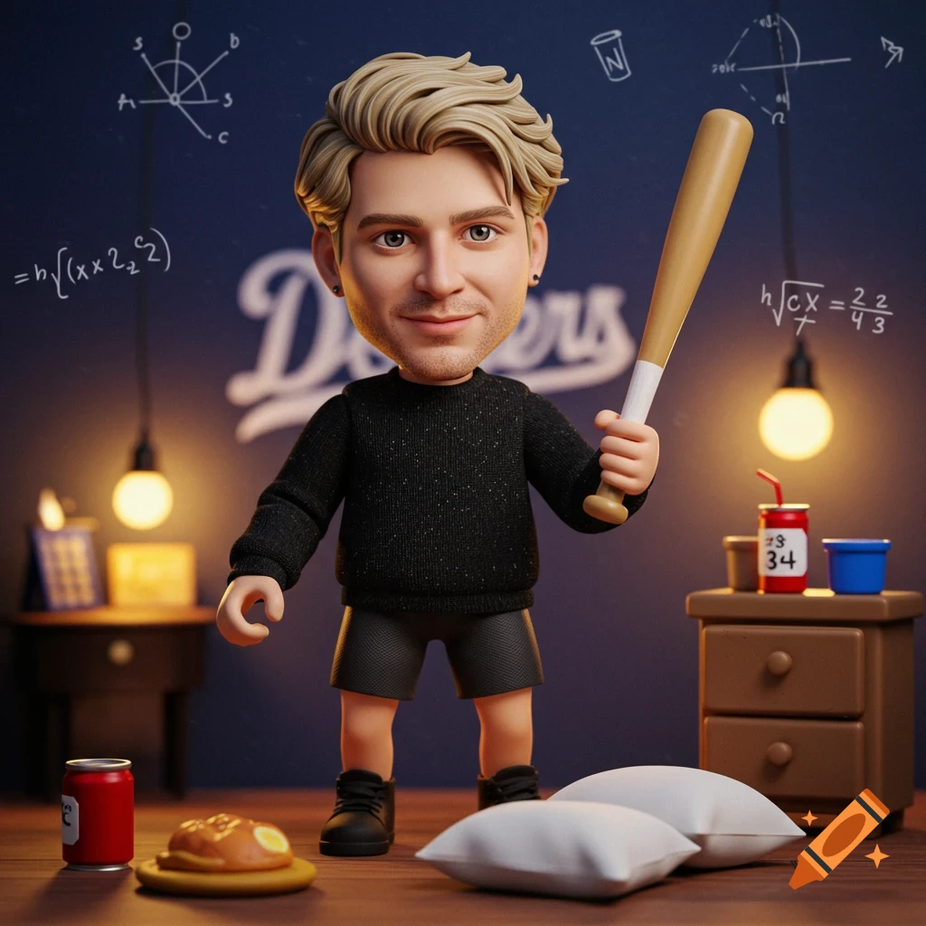 3D rendered action figure of a blonde man holding a baseball bat, in a room with a Dodgers logo and math equations.