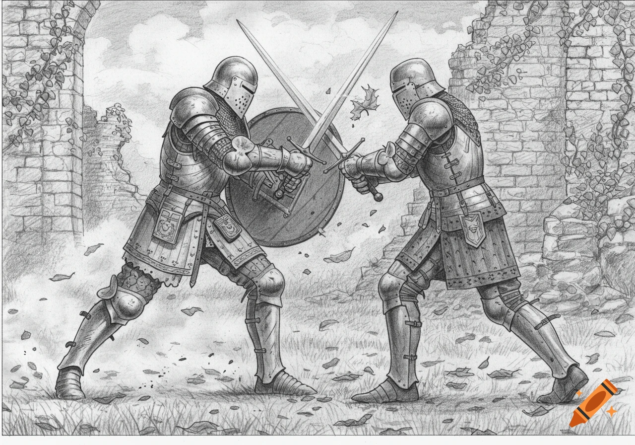 Pencil drawing depicting two armored knights engaged in a sword fight amidst crumbling stone ruins.