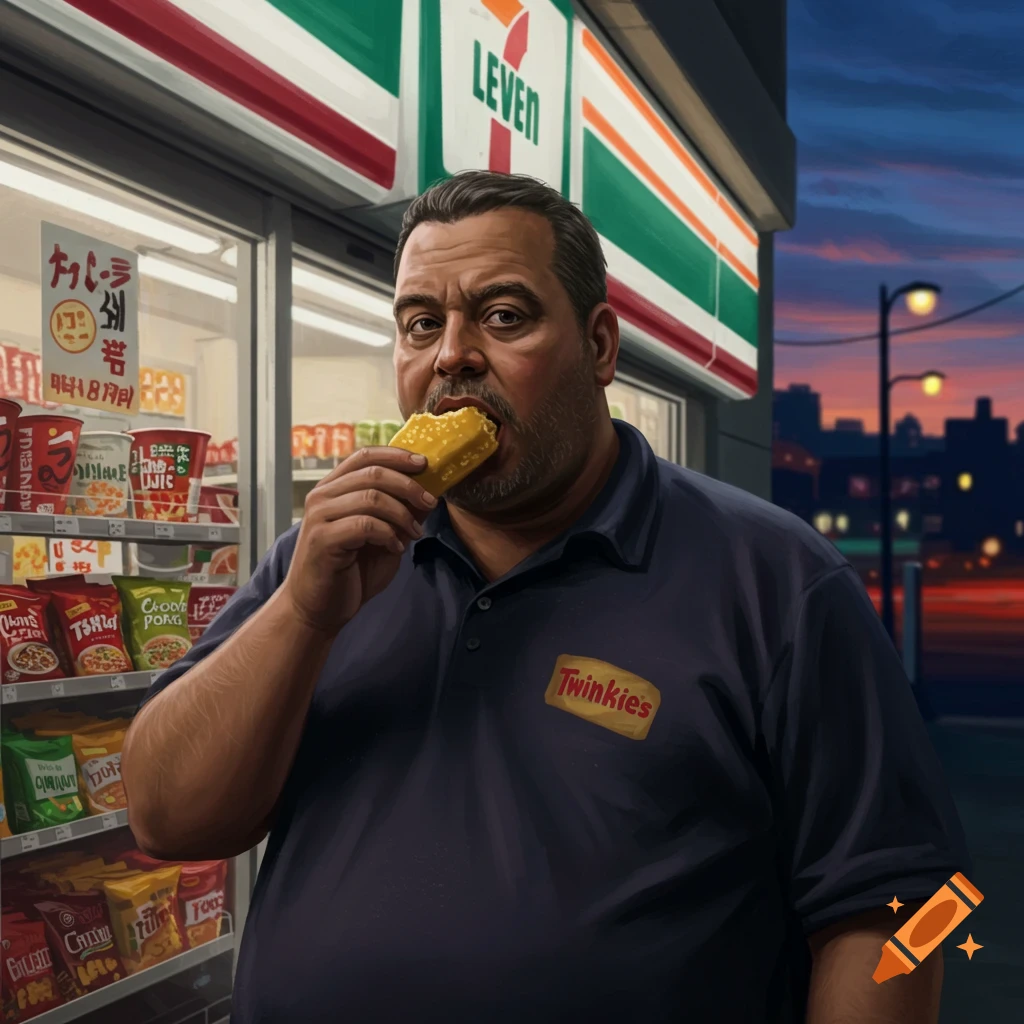 A bearded man in a dark polo shirt eats a yellow snack outside a 7-Eleven convenience store at dusk, with store shelves visible.