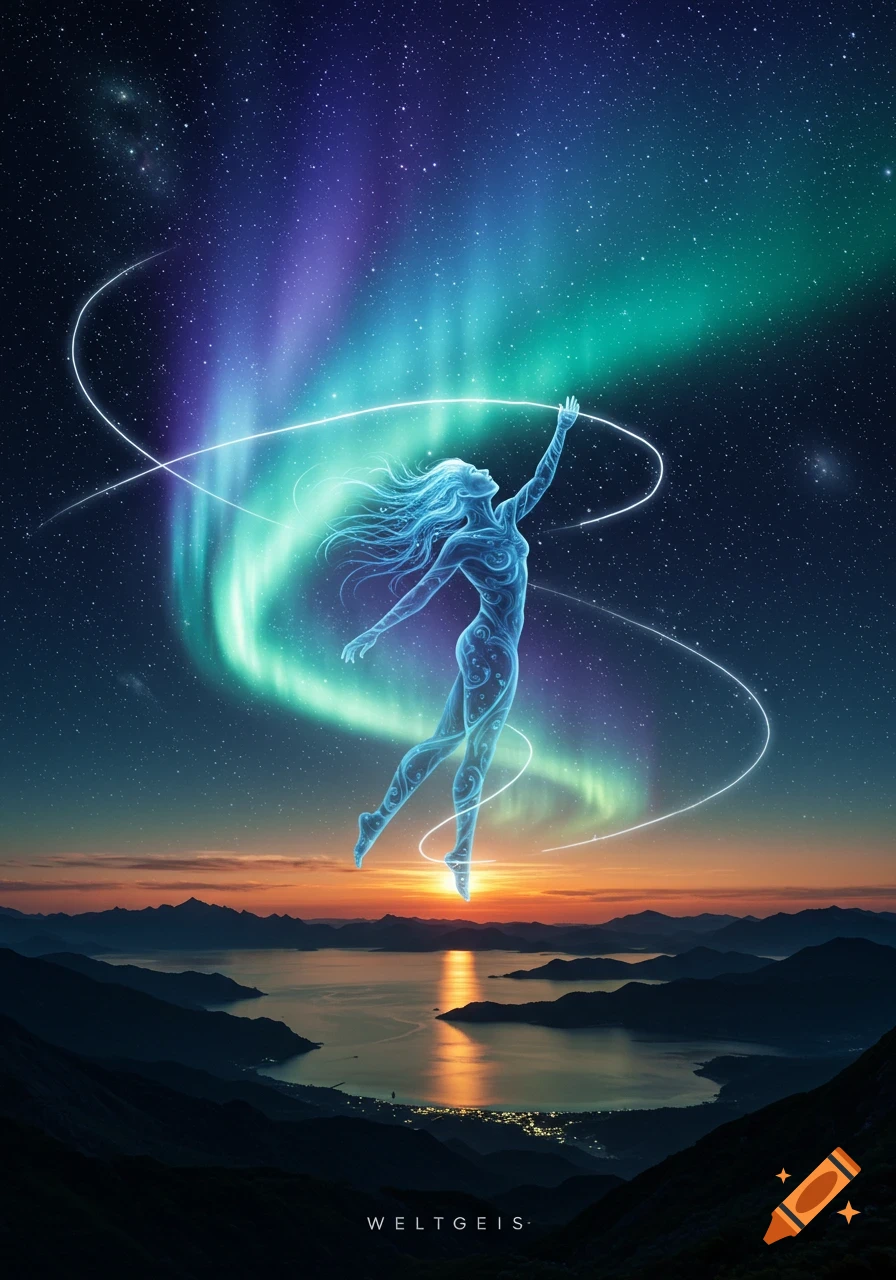 Luminous ethereal figure ascends amidst a vibrant aurora borealis, starry sky, and a serene sunset lake with mountains.