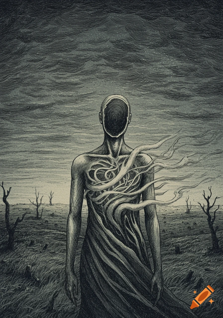 A dark engraving shows a figure with an empty head and swirling tendrils from its chest, standing in a barren landscape.