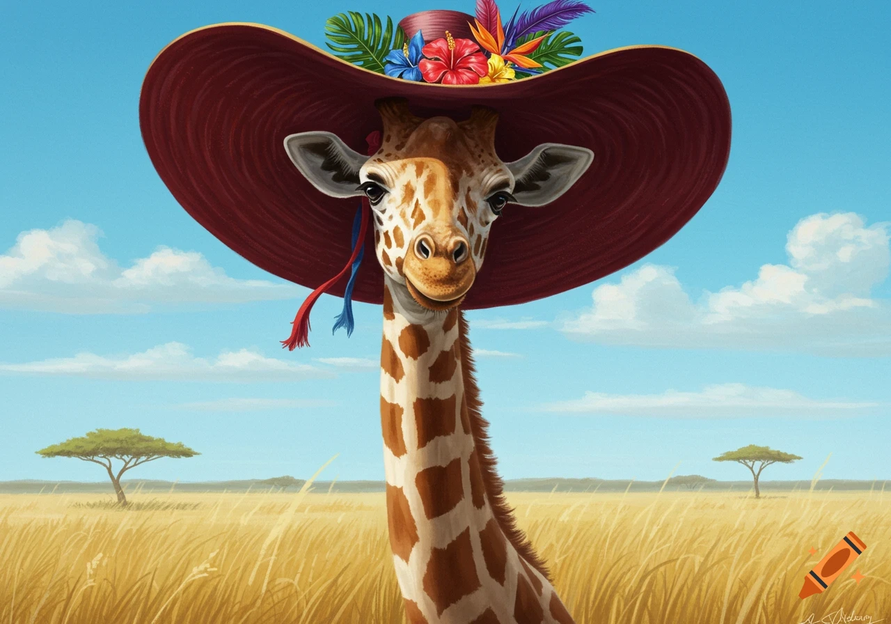 A giraffe wearing a large red hat with tropical flowers in a savanna landscape under a blue sky.