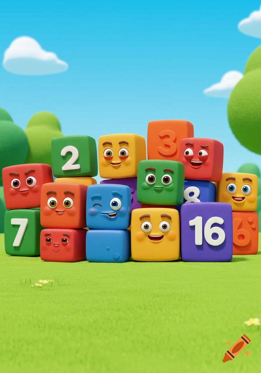 Colorful anthropomorphic number blocks with faces and numbers stacked on green grass under a blue sky.