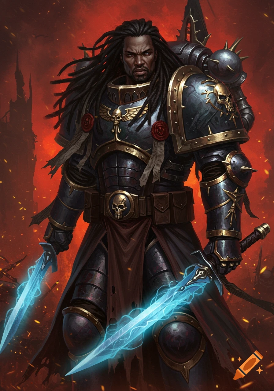 A powerful African American psyker with dreadlocks in black power armor, holding two glowing blue power swords, stands against a fiery, ruined background.