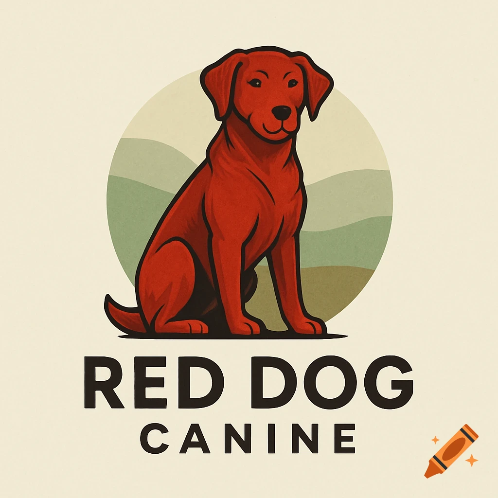 A stylized red Labrador dog sits in front of a circular background with green hills, above the text 'RED DOG CANINE'.