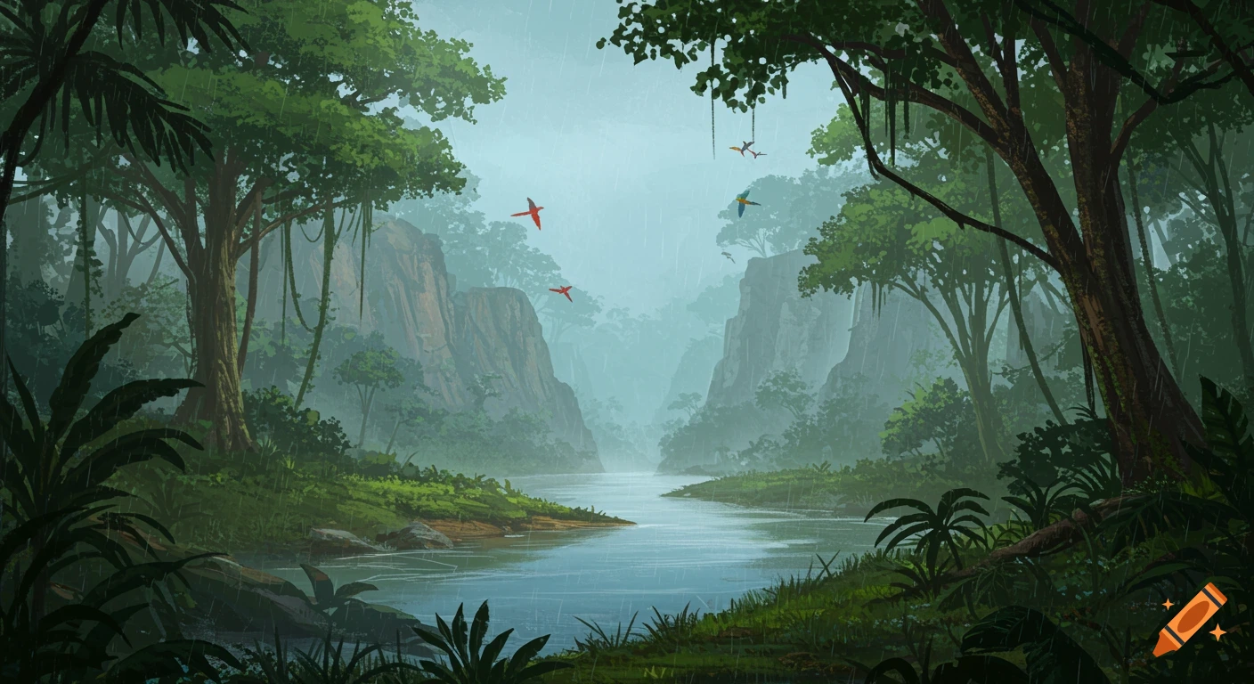 Lush rainforest with a river flowing through a valley, flanked by cliffs. Rain falls as colorful parrots fly among the trees.