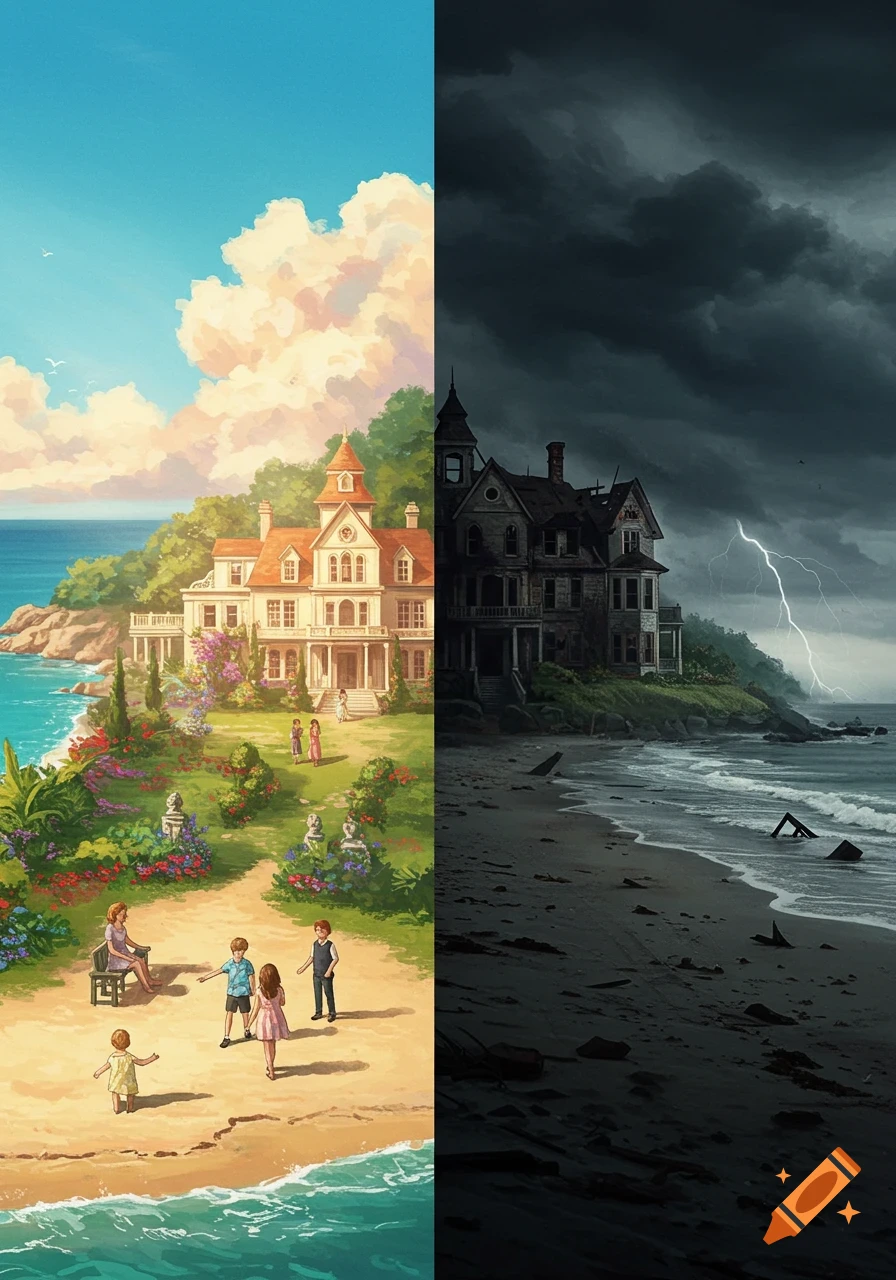 A vertical split image depicts a grand mansion and beach in bright, sunny weather on the left, contrasting with the same scene in dark, stormy weather on the right.
