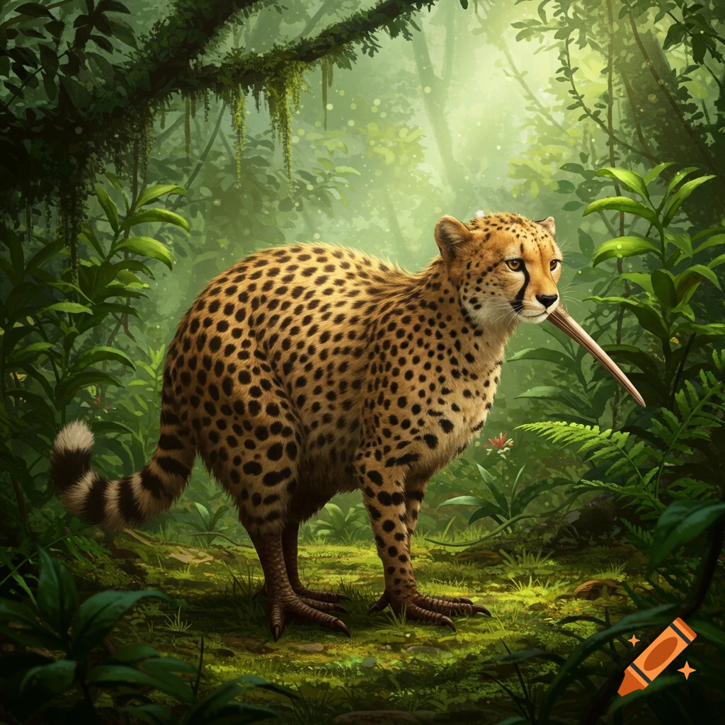 A spotted cheetah-kiwi hybrid creature with a long beak in a lush green jungle.