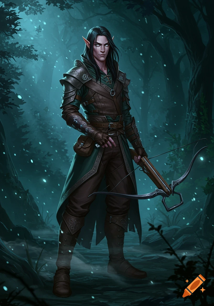 A solemn male half-elf with long black hair, pointed ears, and pale eyes stands in a dark, misty forest, wearing leather armor and holding a crossbow.
