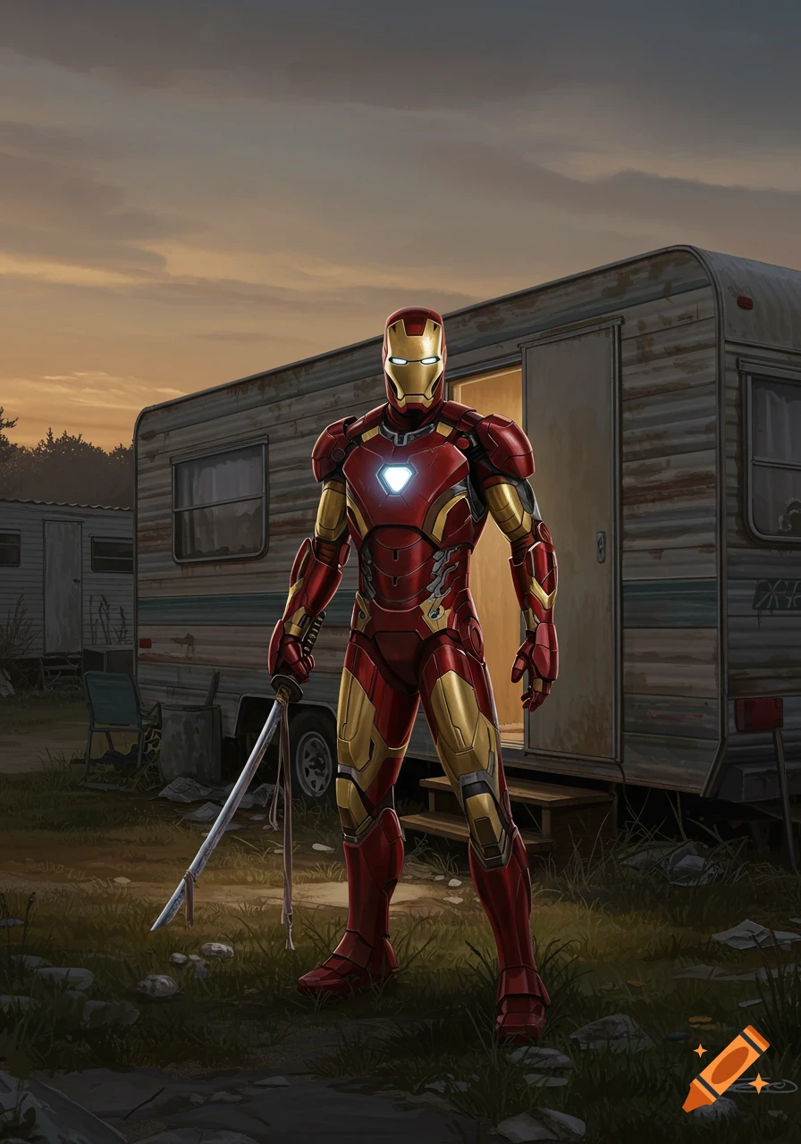 Iron Man in his red and gold suit stands holding a katana in front of a weathered trailer house at dusk, illustrated.