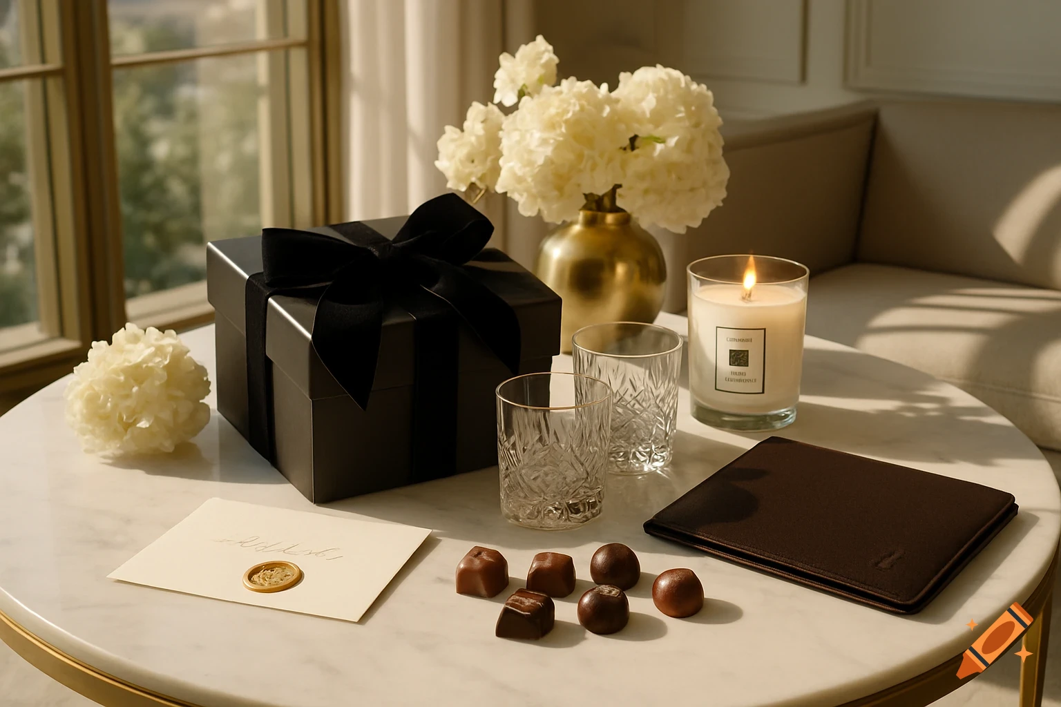 A luxury gift presentation on a marble table in a sunlit room, featuring a black gift box, a lit candle, chocolates, crystal glasses, and a handwritten note with a wax seal.