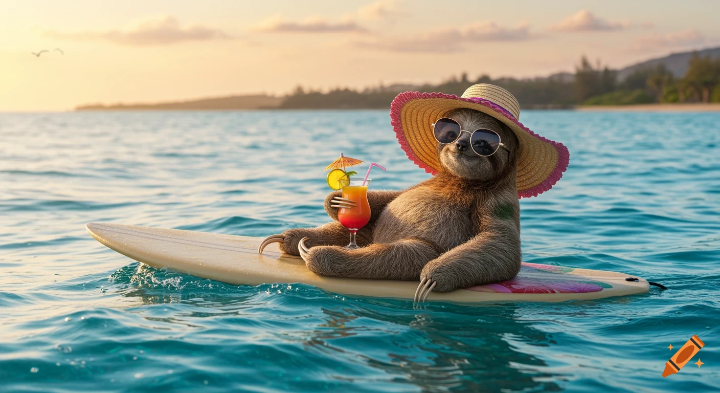 Photorealistic sloth wearing a sun hat and sunglasses, lying on a surfboard in the ocean while drinking a cocktail at sunset.