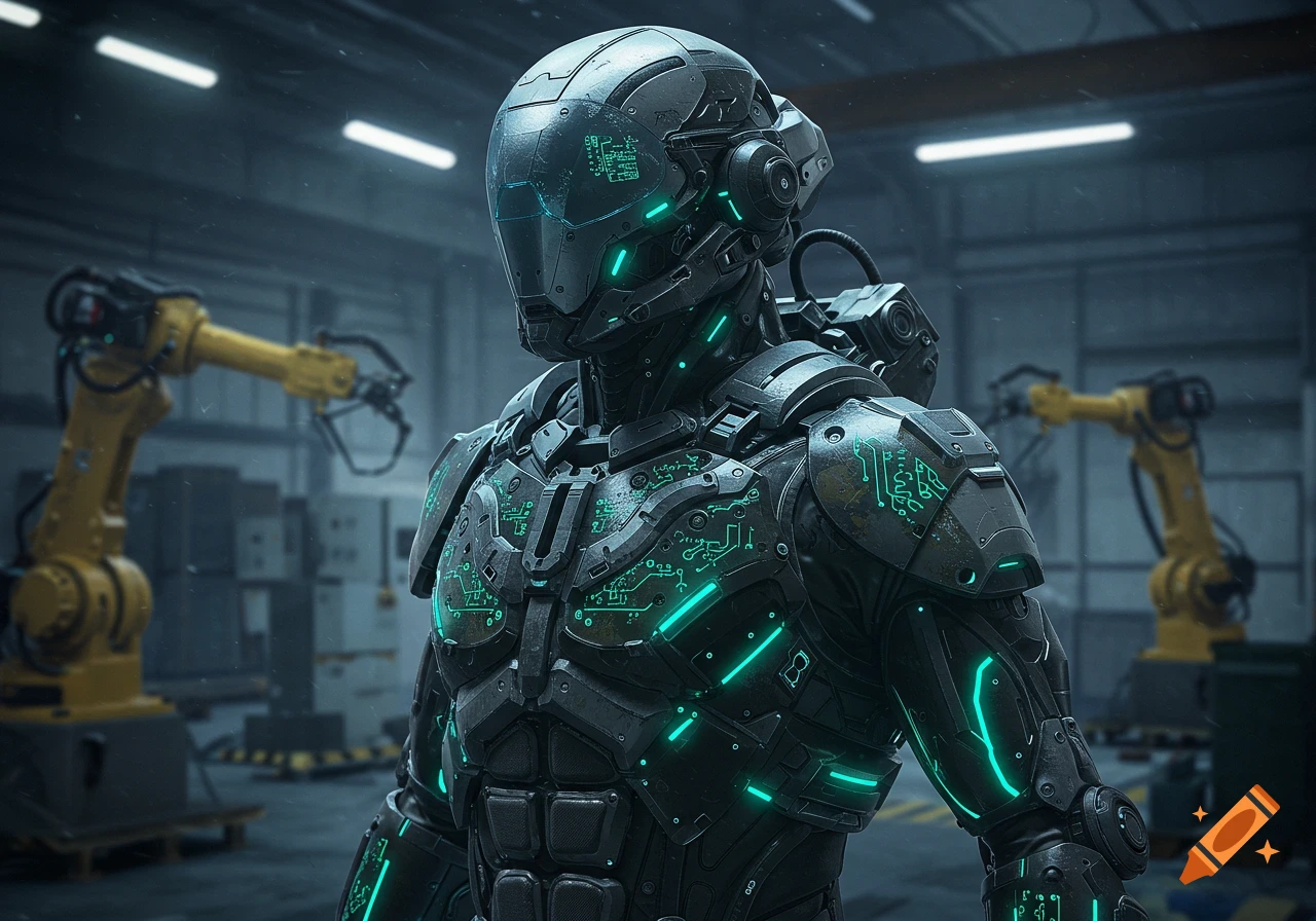 A futuristic dark gray and black exo-suit with glowing teal circuit patterns stands in a dim industrial factory setting with yellow robotic arms in the background.