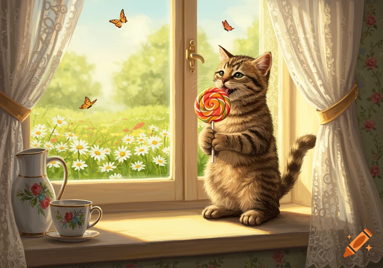 A cute brown tabby cat licks a colorful swirl lollipop while sitting on a window sill overlooking a sunny field of daisies and butterflies.