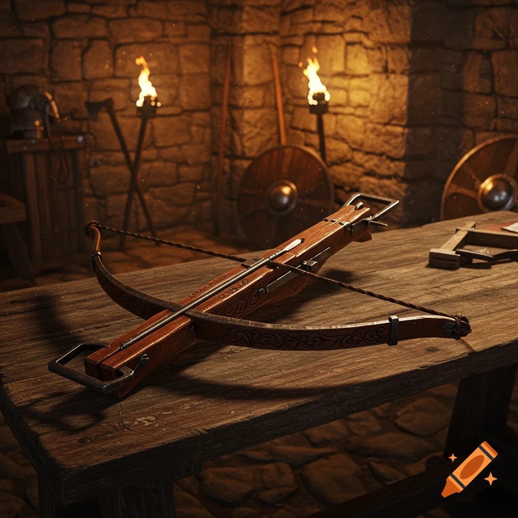 A detailed medieval crossbow rests on a wooden table in a stone chamber lit by torches, with shields in the background.