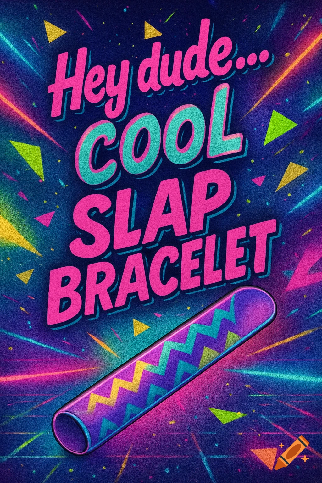A colorful 80s-style poster with neon pink and blue text that reads, "Hey dude... COOL SLAP BRACELET", above a purple slap bracelet.
