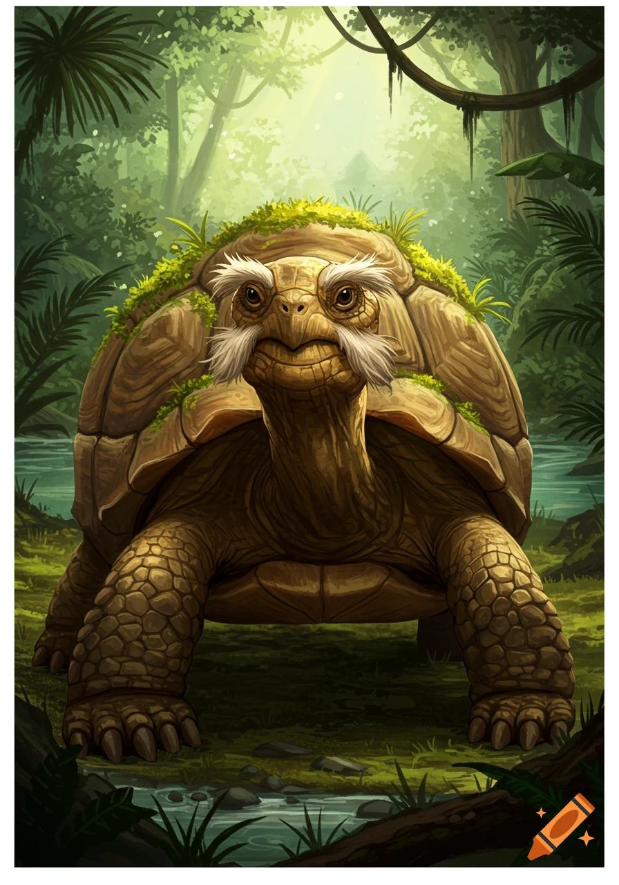 Digital art of an old tortoise-like creature with white beard and mustache, standing in a green jungle with a stream.