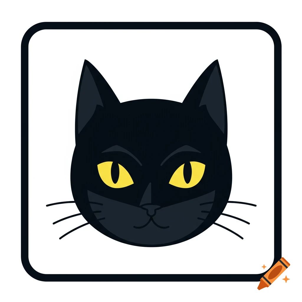A stylized black cat head with bright yellow eyes, enclosed in a rounded square frame on a white background.