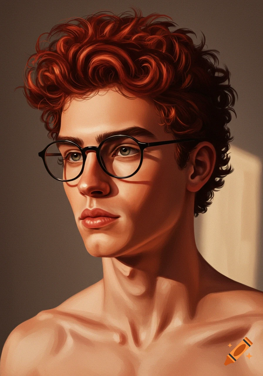 A close-up digital art portrait of a young man with red curly hair and round black glasses, looking off to the side with dramatic lighting.