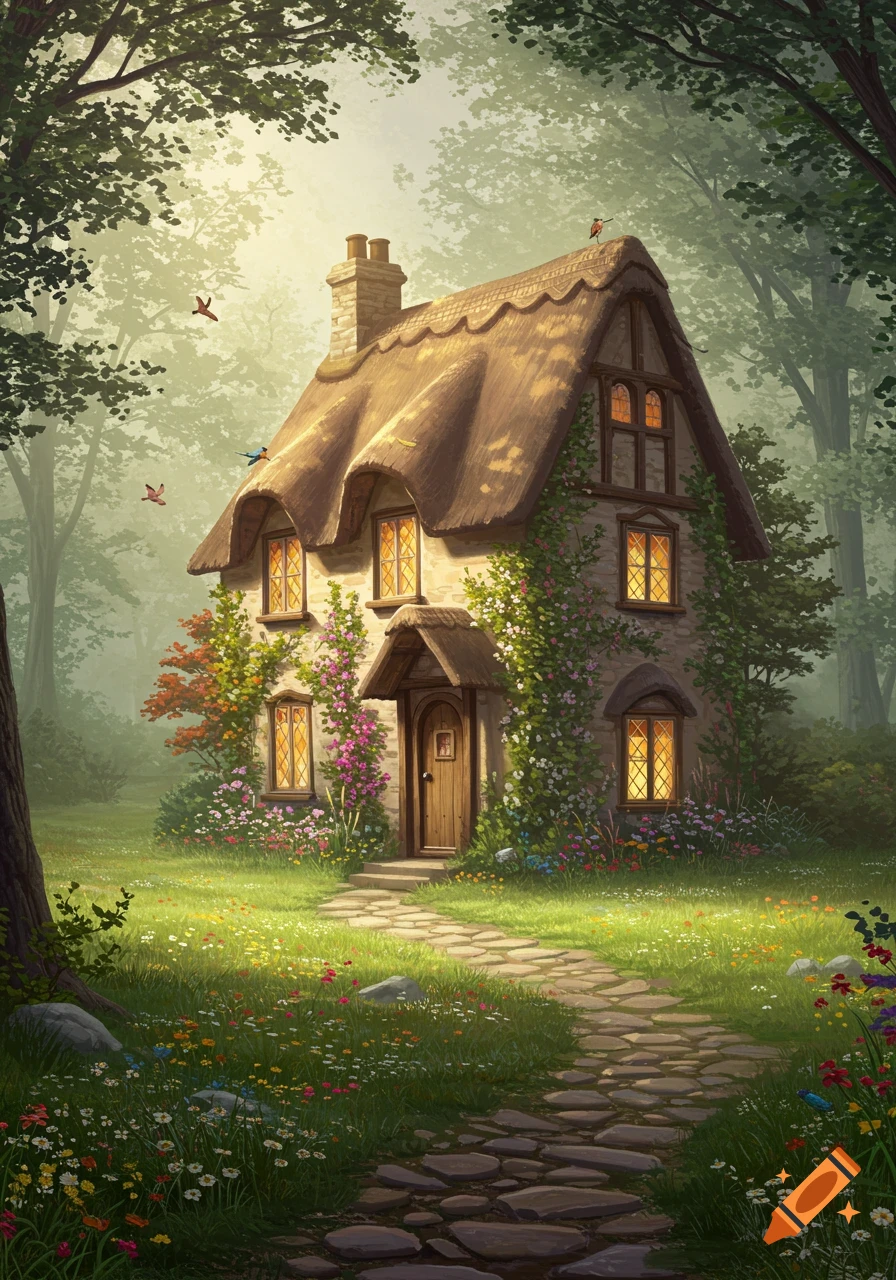 A whimsical fairytale cottage with a thatched roof, surrounded by lush forest and colorful wildflowers, under a warm light.