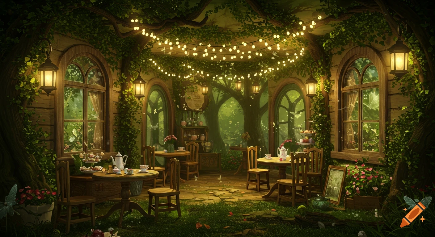 Whimsical enchanted cafe interior with glowing string lights, vine-covered walls, wooden tables, and arched windows to a lush forest.