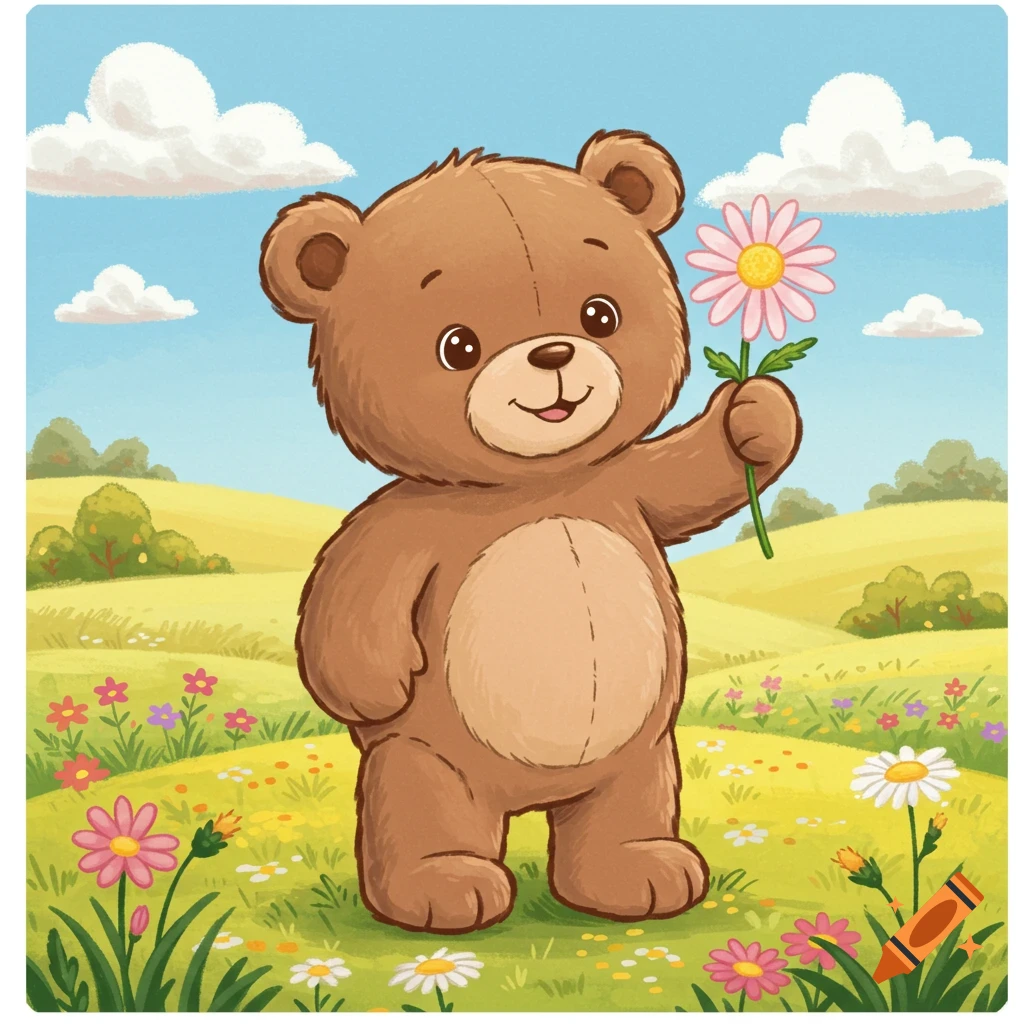 A cute brown cartoon teddy bear stands in a grassy field, holding a pink daisy flower.