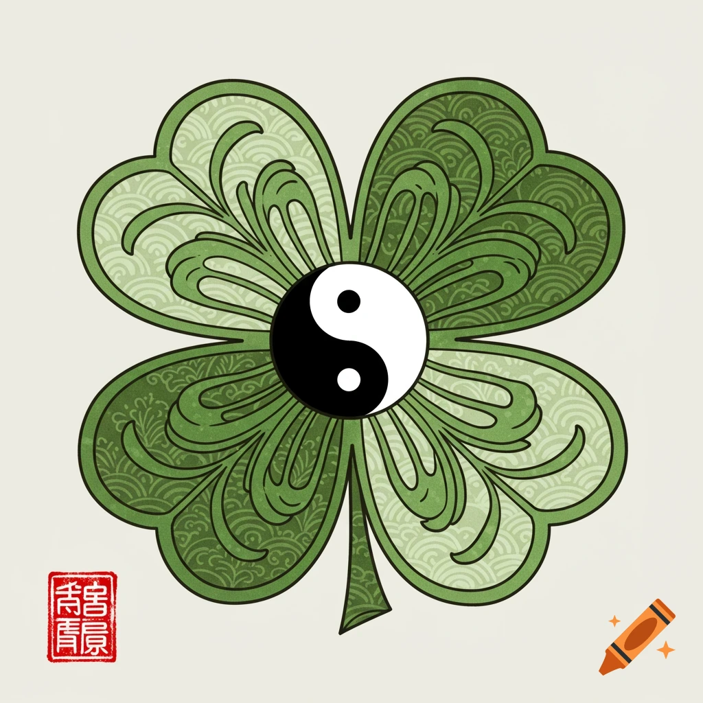 A green four-leaf clover with a black and white yin-yang symbol at its center, stylized with intricate patterns, on a light background, with a red seal.