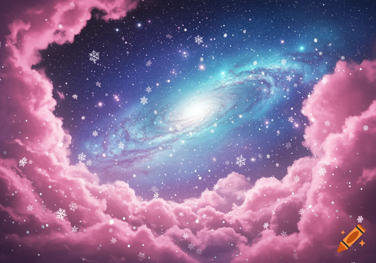 A vibrant galaxy swirls in a cosmic background, framed by soft pink clouds, with white snowflakes falling.