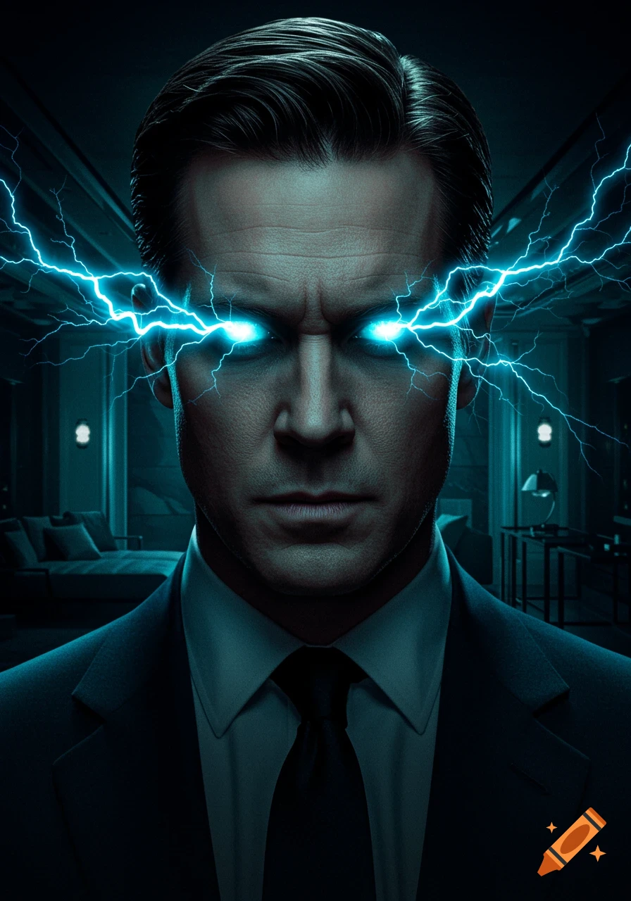 Photorealistic portrait of a man in a suit with glowing blue lightning emanating from his eyes.