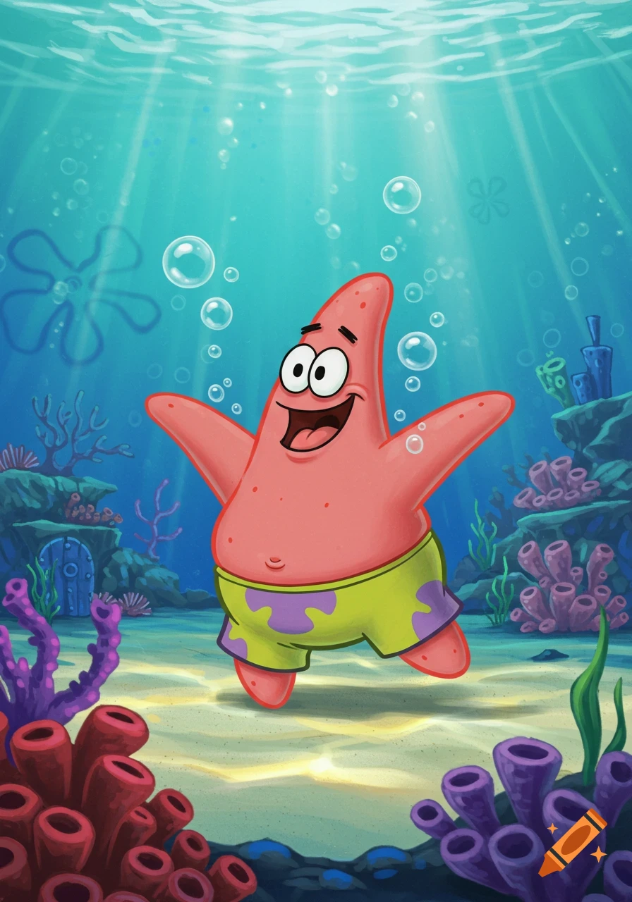 Patrick Star smiling and floating underwater among coral, with light rays and bubbles.