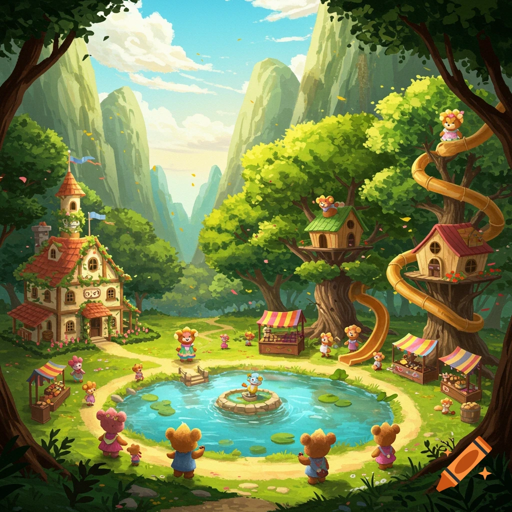 A vibrant cartoon fantasy valley village with flower bears, treehouses with slides, a large house, market stalls, and a pond, framed by lush mountains.