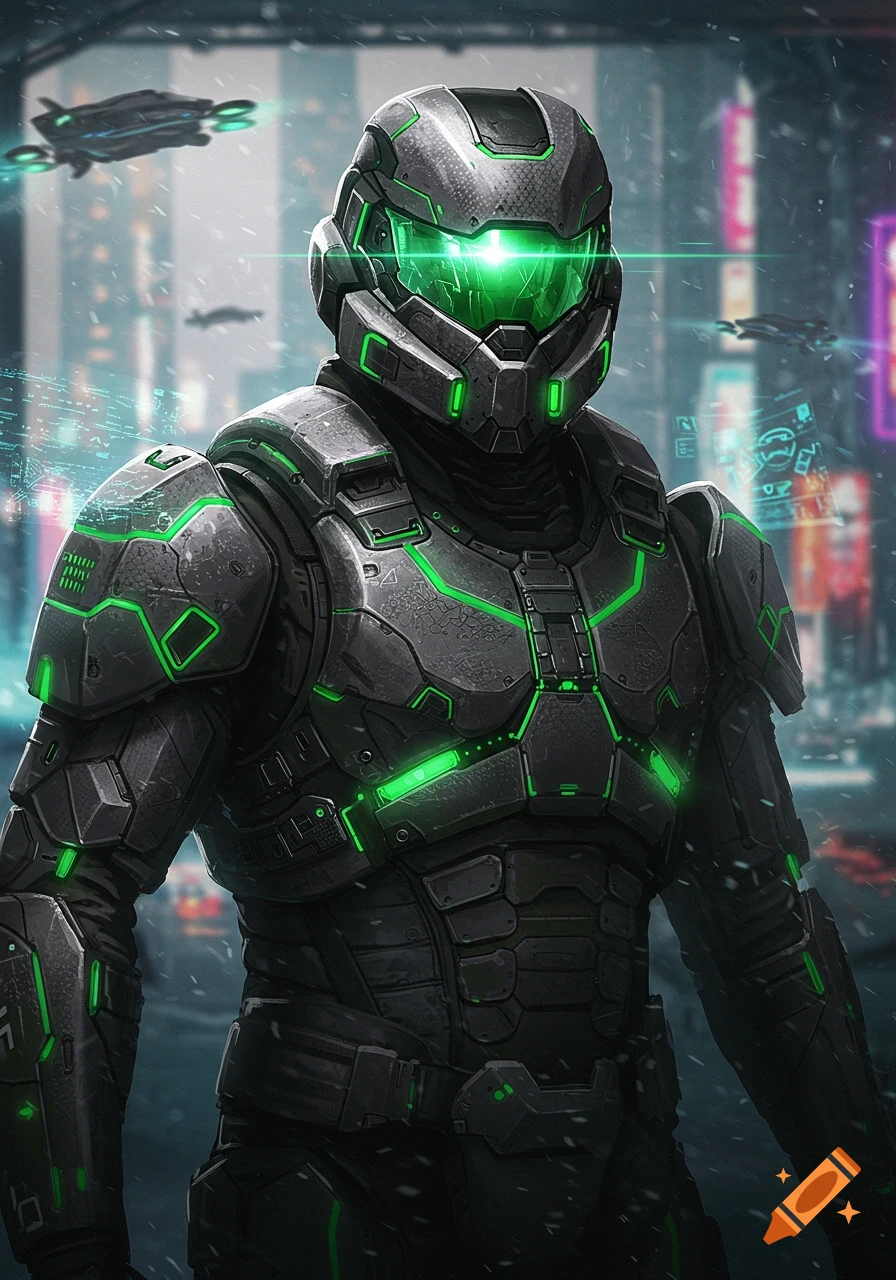 A futuristic soldier in black and grey armor with glowing green accents stands in a sci-fi city with flying drones.