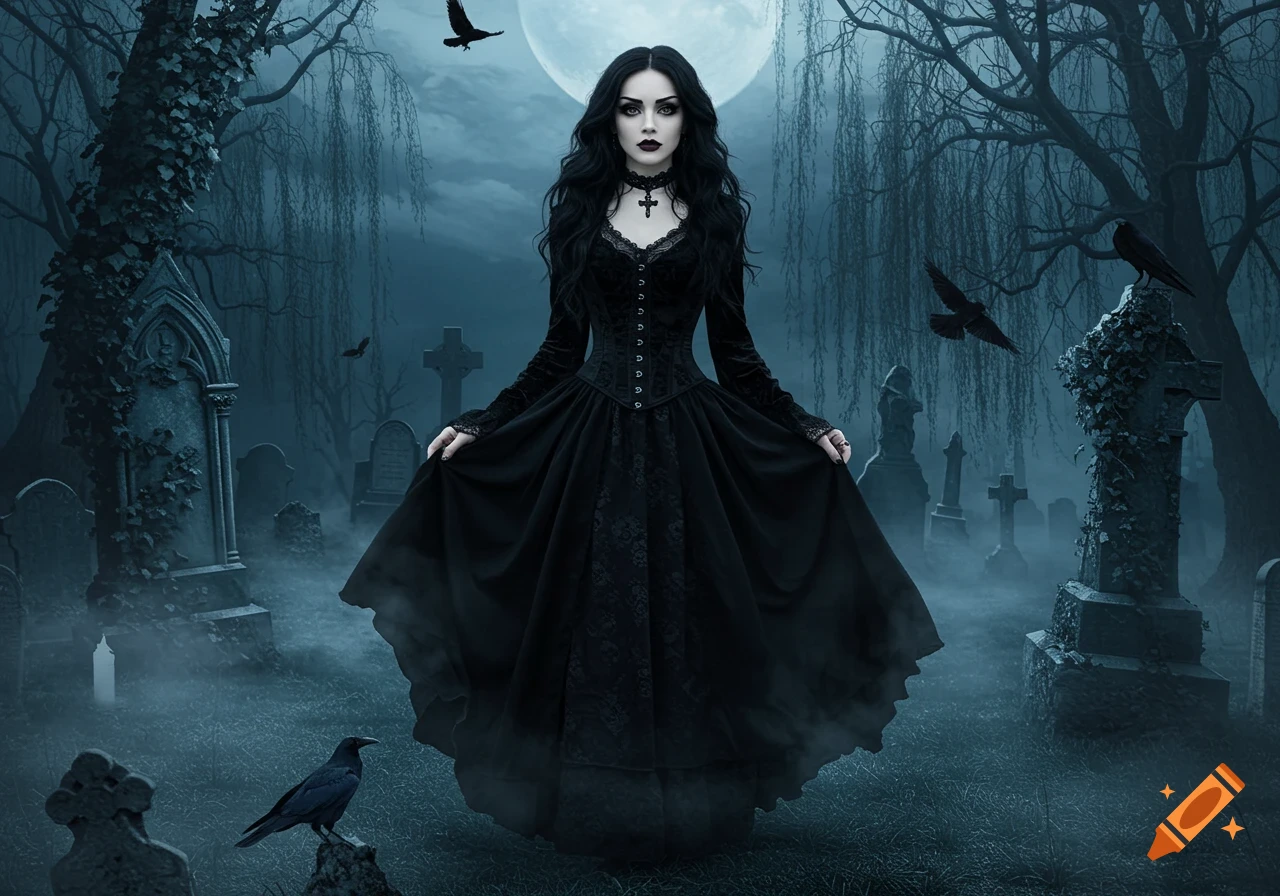 A gothic woman in a black dress stands in a moonlit graveyard with tombstones, trees, and crows.