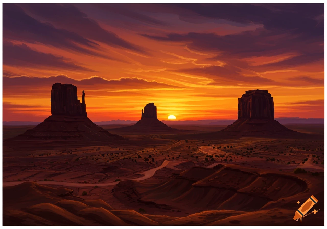 A vibrant sunset over Monument Valley, with three large rock formations silhouetted against an orange sky.