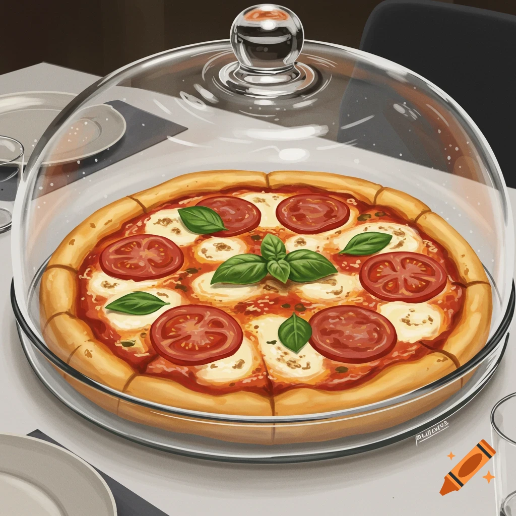 A top-down illustration of a whole pizza margherita with tomatoes and basil under a clear glass dome on a table.