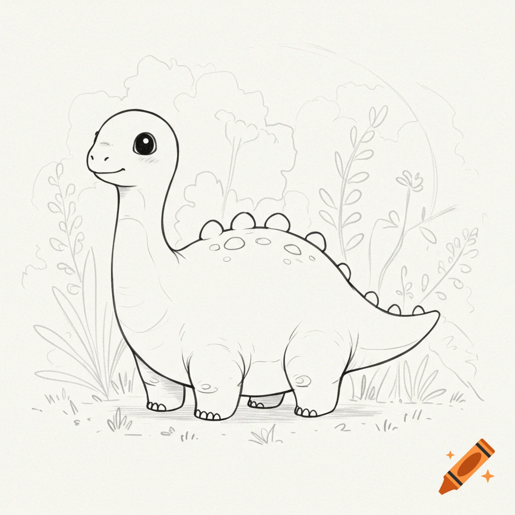 Cute cartoon baby brontosaurus line drawing with a smiling face standing in sparse foliage.