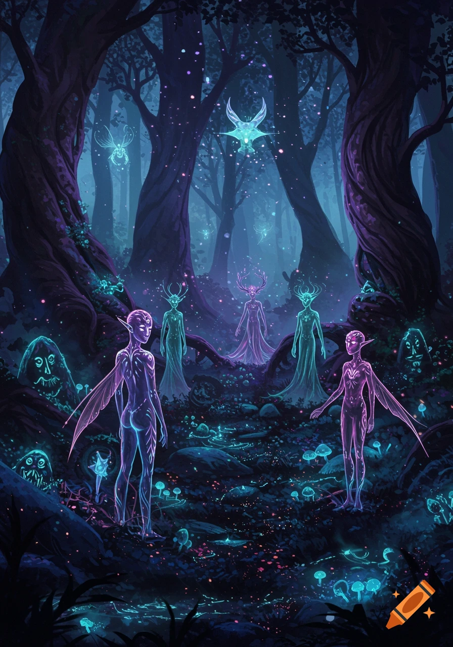 Glowing ethereal figures in a dark, bioluminescent magical forest with floating light particles.