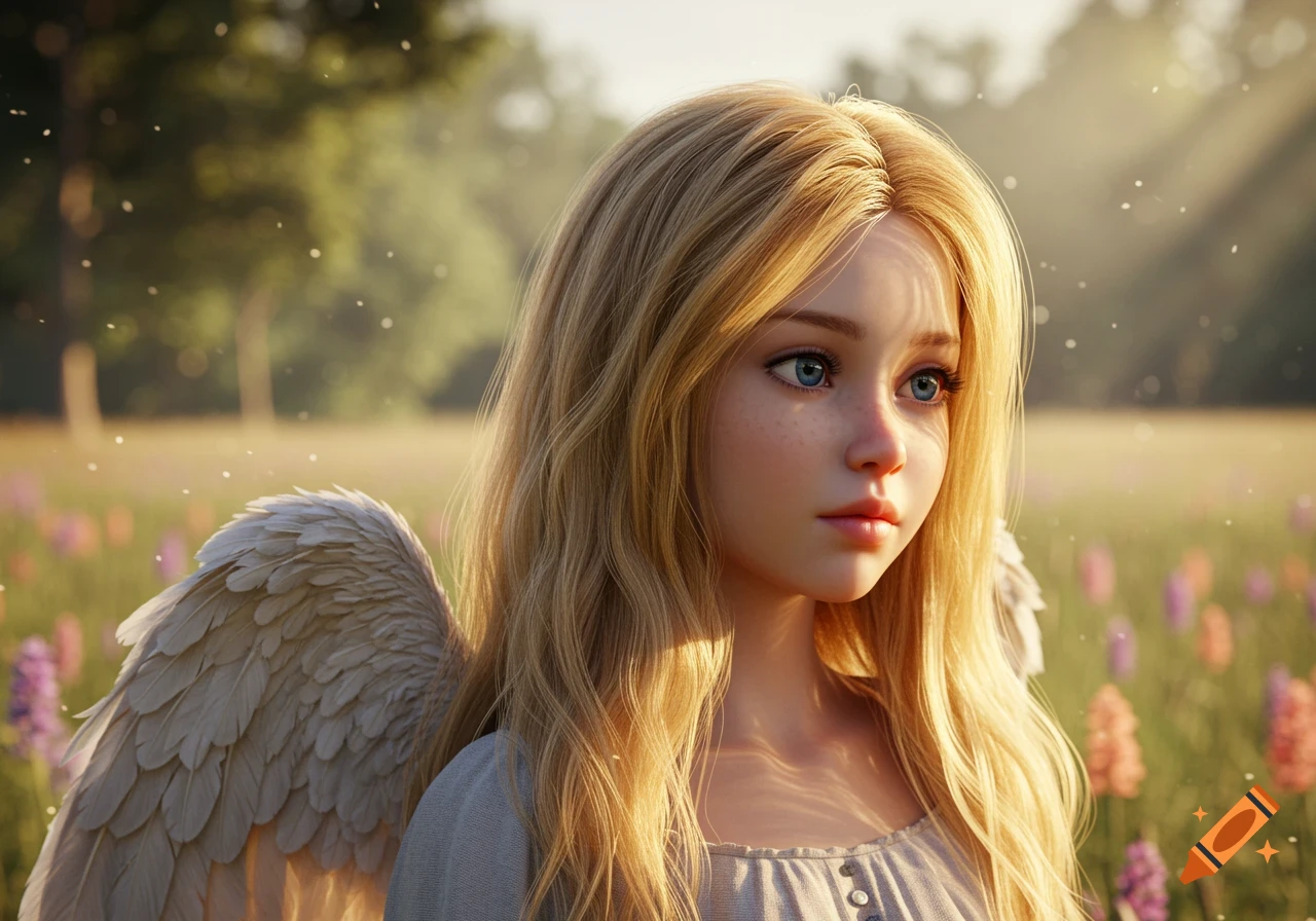 Photorealistic portrait of a blonde girl with angel wings in a sunny flower field, looking right.