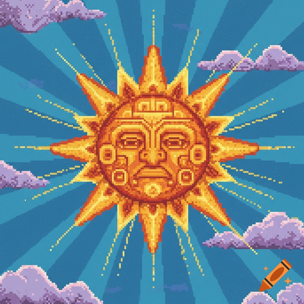 A pixel art depiction of a Taino sun symbol with a face, radiating light against a blue sky with pixelated clouds.