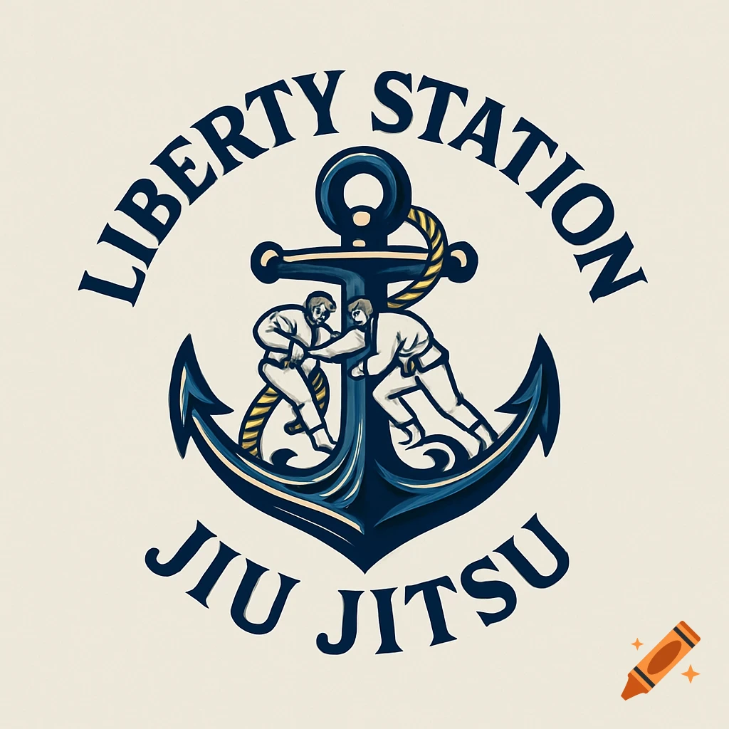 A logo for Liberty Station Jiu Jitsu, featuring a dark blue anchor with two grappling martial artists and text.
