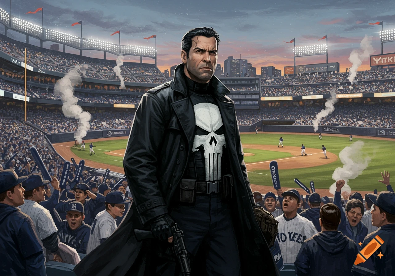 The Punisher, wearing a black trench coat with his signature skull logo, stands on a baseball field during a Yankees game.